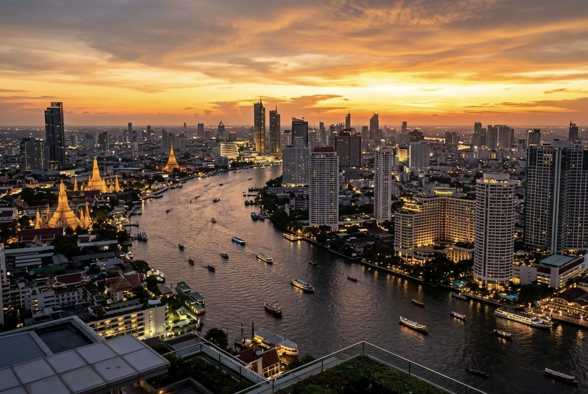 Chao Phraya river bend at sunset over Bangkok skyline — Thailand as a long-term home base for global families