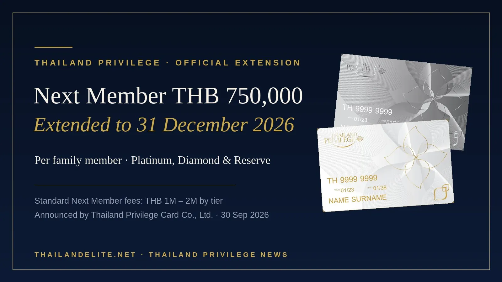Thailand Privilege Next Member Promotion — flat ฿750,000 per family member on Platinum, Diamond and Reserve, extended to 31 December 2026