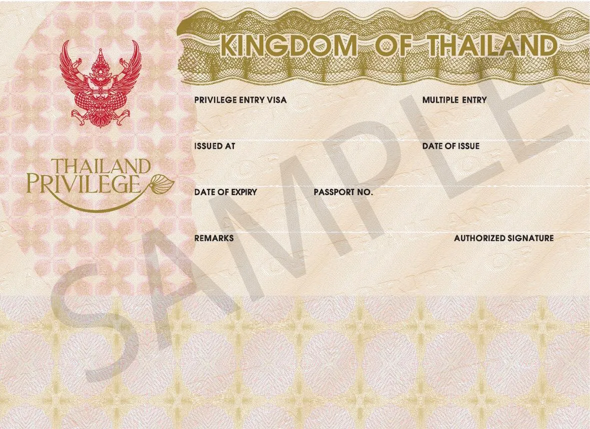 Sample Thailand Privilege Visa sticker affixed inside a member's passport — Privilege Entry Visa issued by Thailand Privilege Card Co., Ltd.